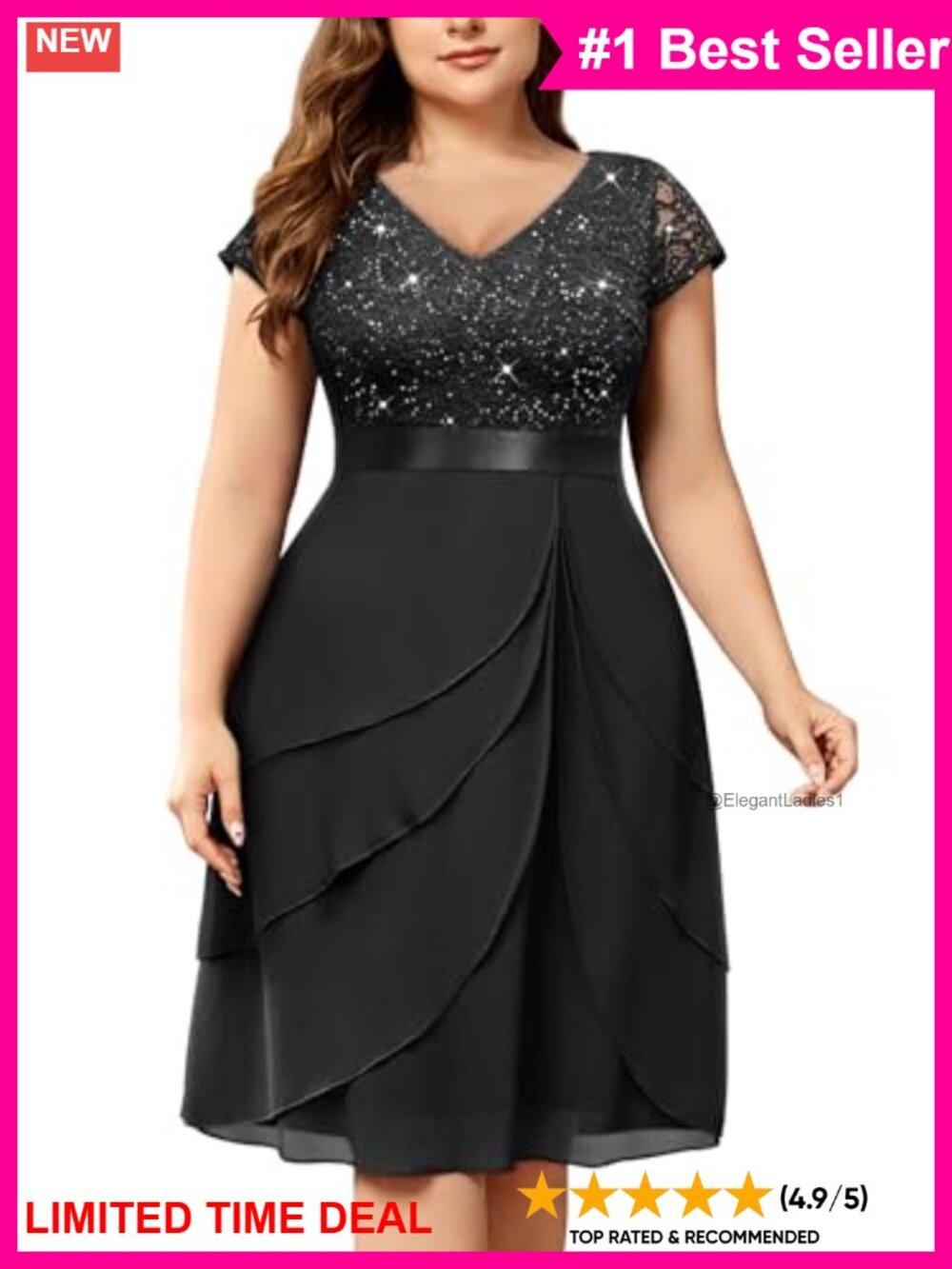 Plus Size Sequin Floral Lace V Neck Tiered Chiffon Cocktail Dress